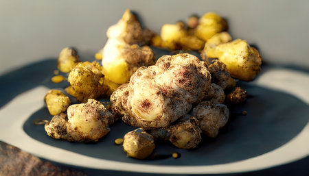 3D rendering of Jerusalem artichoke on the white plate with brown color inside the kitchenの写真素材