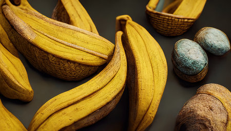 3D rendering of a Fresh Banana with yellow color on the wooden table inside the kitchenの写真素材