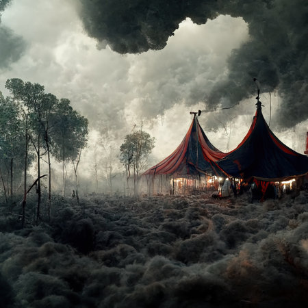 3D rendering of a Circus tent at the funfairs standing side by side in the carnival at the festivalの素材 [FY310191714317]