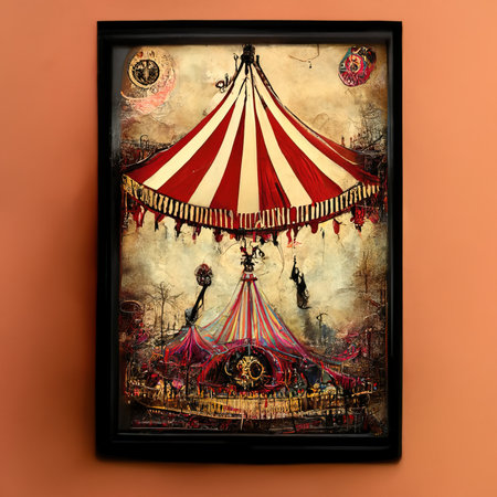 3D rendering of a circus tent with a lot of property in colorful vibes inside the festivalの写真素材