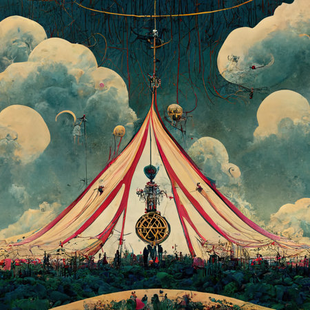 3D rendering of a circus tent with a lot of property in colorful vibes inside the festivalの写真素材