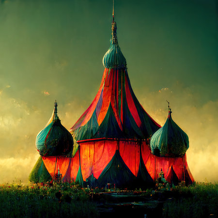 3D rendering of a Scary circus tent inside the carnival with a broken tent and dark vibes during the darkの素材 [FY310191714340]