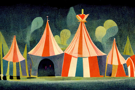 3D rendering of a Colorful circus tent standing at the funfairs during the carnivalの写真素材
