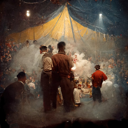 3D rendering of a people standing in front of the colorful circus tent during the night at the carnivalの写真素材