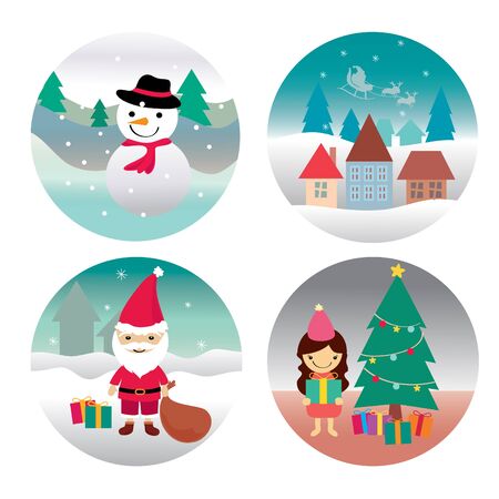 Santa claus , Girl , Snowman and home , Christmas characters illustrationの写真素材