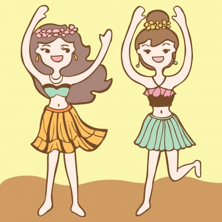 Girls Dancing Hula, Cartoon Illustrationのイラスト素材