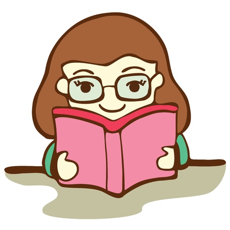 Cute Girl Reading Book, Cartoon Illustrationのイラスト素材