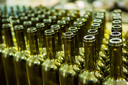 Large group of green recycled glass wine bottles at winery.の写真素材