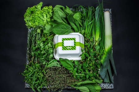 Various fresh greens with lettuce, mint, dill and parsley, spring onion with white box on black backgroundの写真素材