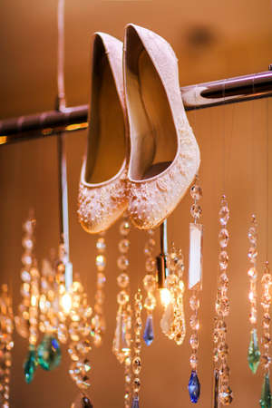 Luxury bridal shoes with beads. Wedding concept.の写真素材