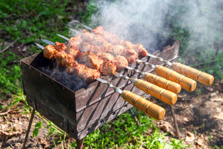 Cooking meat on the fire. Shish kebab on the grillの写真素材