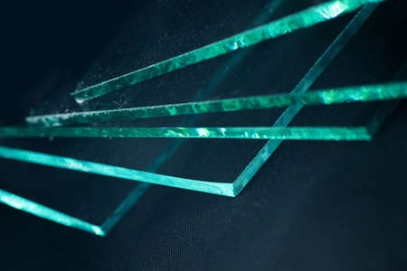 Sheets of Factory manufacturing tempered clear float glass panels cut to sizeの写真素材