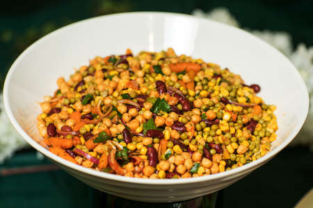 Roasted spicy chickpeas on rustic backgroundの写真素材