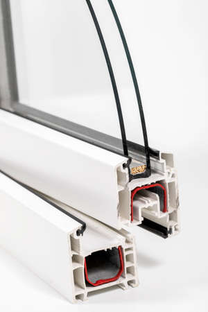 A cross section of wood effect Double glazing cut away to show the inner profile and construction qualityの写真素材
