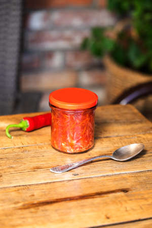 Borscht in a jar. Fresh borscht soup in a glass jar. Fast foodの写真素材