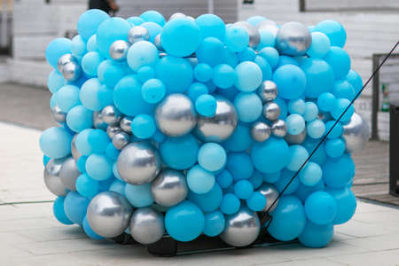 blue balloons. wedding reception table setting on wedding dayの写真素材