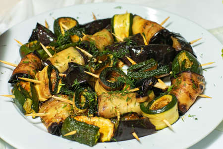 Fried eggplants in a frying pan.の写真素材