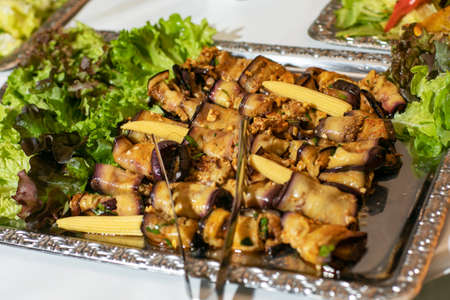 Fried eggplants in a frying pan.の写真素材