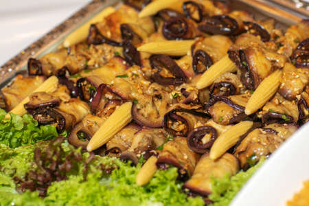 Fried eggplants in a frying pan.の写真素材