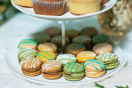 French dessert macaron with vanilla and white chocolate ganache on a white backgroundの写真素材