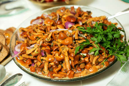 Plate with tasty cooked mushroomsの写真素材