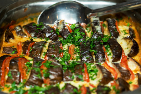 Fried eggplants in a frying pan.の写真素材