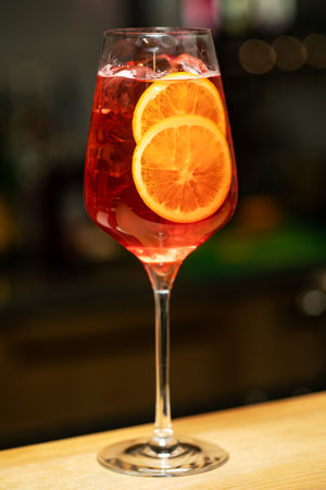 Apperol spritz cocktail in misted glass, selective focusの写真素材