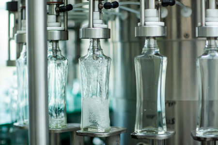 Bottles with a drink closed with a screw cap. Factory for the production of alcoholic beveragesの写真素材