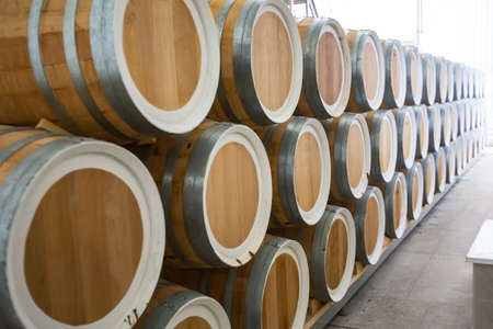 Rows of wine barrels in vaults at the winery.