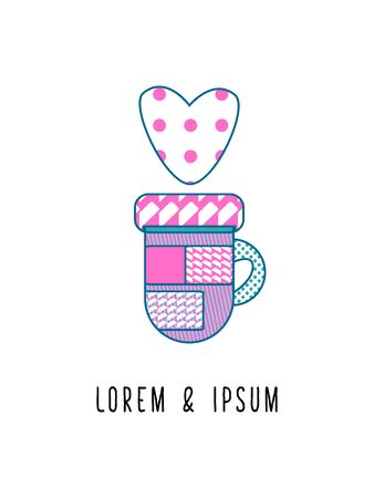 Tea or Coffee Mug icon with heart symbol. Knitted and dotted ornament. Vector illustration. Logo designのイラスト素材