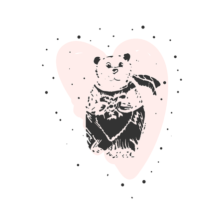 Cute cartoon hand drawn teddy bear with pink heart shape on white background. Vector illustration for postcards, greeting cards, Valentines day, invitations, nursery design, apparel print.のイラスト素材