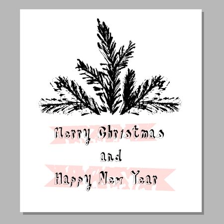 Merry Christmas Hand Drawn christmas tree branch and lettering isolated on white. Cute xmas holiday background for postcards, invitations, greeting cards, banners, posters, etc. Made in vectorのイラスト素材