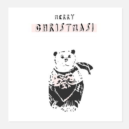 Cartoon Christmas hand drawn Lettering and abstract illustration witn nordic teddy bear. Cute Xmas background for postcards, greeting cards, invitations, nursery design, baby showers, wallpapersのイラスト素材