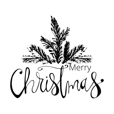 Merry Christmas Hand Drawn christmas tree branch and lettering isolated on white. Cute xmas holiday background for postcards, invitations, greeting cards, banners, posters, etc. Made in vectorのイラスト素材