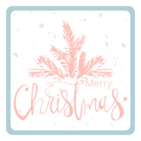 Merry Christmas Hand Drawn christmas tree branch and lettering isolated on white. Cute xmas holiday background for postcards, invitations, greeting cards, banners, posters, etc. Made in vectorのイラスト素材