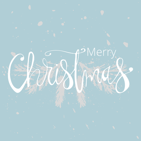 Merry Christmas Hand Drawn christmas tree branch and lettering isolated on white.のイラスト素材