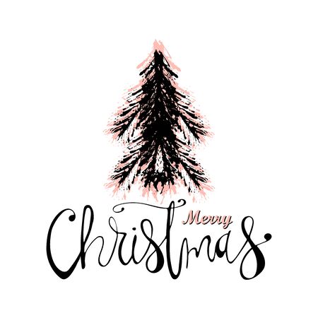 Merry Christmas Hand Drawn christmas tree branch and lettering isolated on white.のイラスト素材