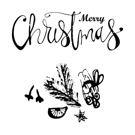 Merry Christmas Hand Drawn abstract universal background with hand lettering and sketched doodle of different xmas spices.のイラスト素材