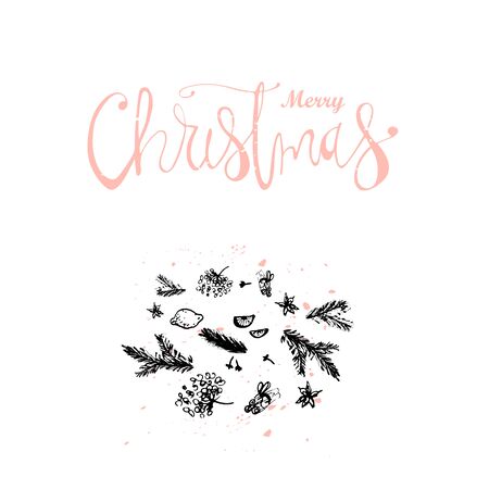 Merry Christmas Hand Drawn abstract universal background with hand lettering and sketched doodle of different xmas spices.のイラスト素材
