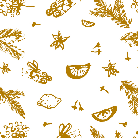 Christmas Seamless Pattern with Hand drawn abstract sketched doodle of different xmas spices, citrus and xmas pine branches.のイラスト素材