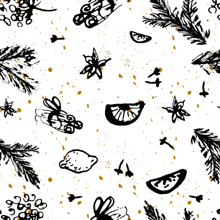 Christmas Seamless Pattern with Hand drawn abstract sketched doodle of different xmas spices.のイラスト素材