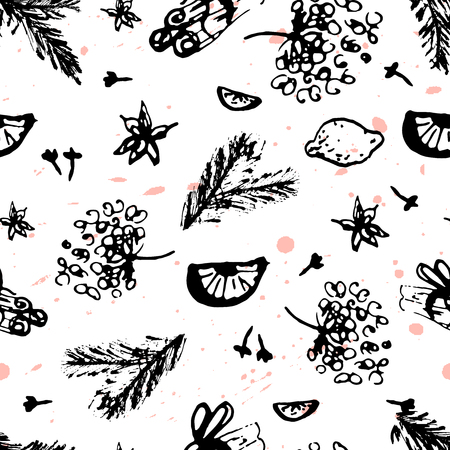Christmas Seamless Pattern with Hand drawn abstract sketched doodle of different xmas spices.のイラスト素材