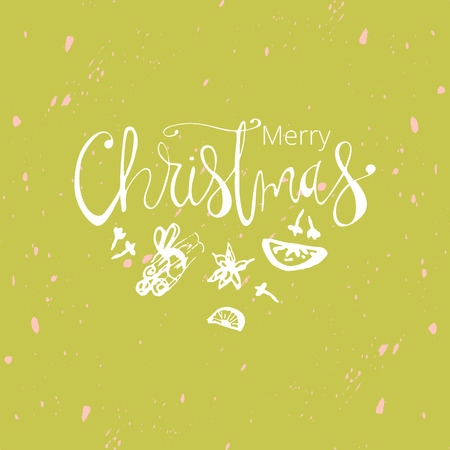 Merry Christmas Hand Drawn abstract universal background with hand lettering and sketched doodle of different xmas spices.のイラスト素材