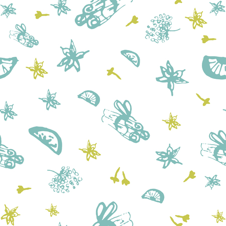 Christmas Seamless Pattern with Hand drawn abstract sketched doodle of different xmas spices, citrus and xmas pine branches.のイラスト素材
