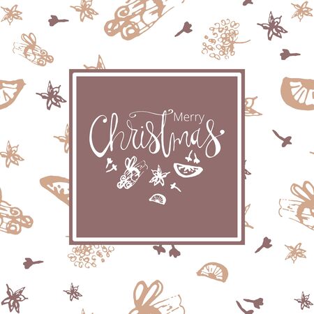 Merry Christmas Hand Drawn abstract universal background with hand lettering and sketched doodle of different xmas spices.のイラスト素材