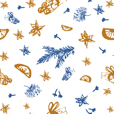 Christmas Seamless Pattern with Hand drawn abstract sketched doodle of different xmas spices, citrus and xmas pine branches.のイラスト素材