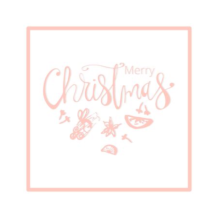 Merry Christmas Hand Drawn abstract universal background with hand lettering and sketched doodle of different xmas spicesのイラスト素材