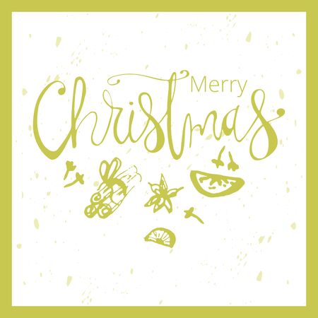Merry Christmas Hand Drawn abstract universal background with hand lettering and sketched doodle of different xmas spicesのイラスト素材