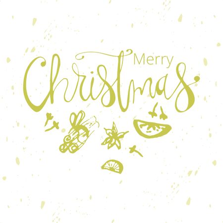Merry Christmas Hand Drawn abstract universal background with hand lettering and sketched doodle of different xmas spices.のイラスト素材
