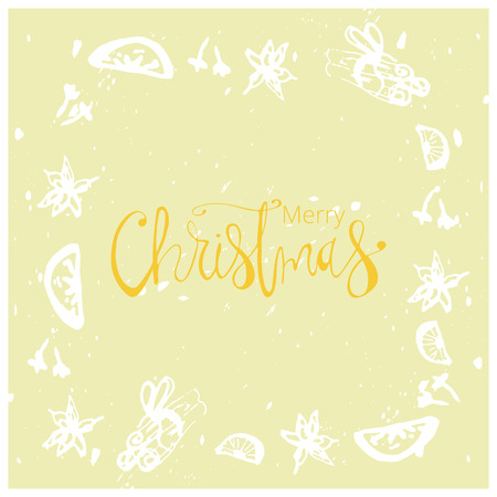 Merry Christmas Hand Drawn abstract universal background with hand lettering and sketched doodle of different xmas spices.のイラスト素材